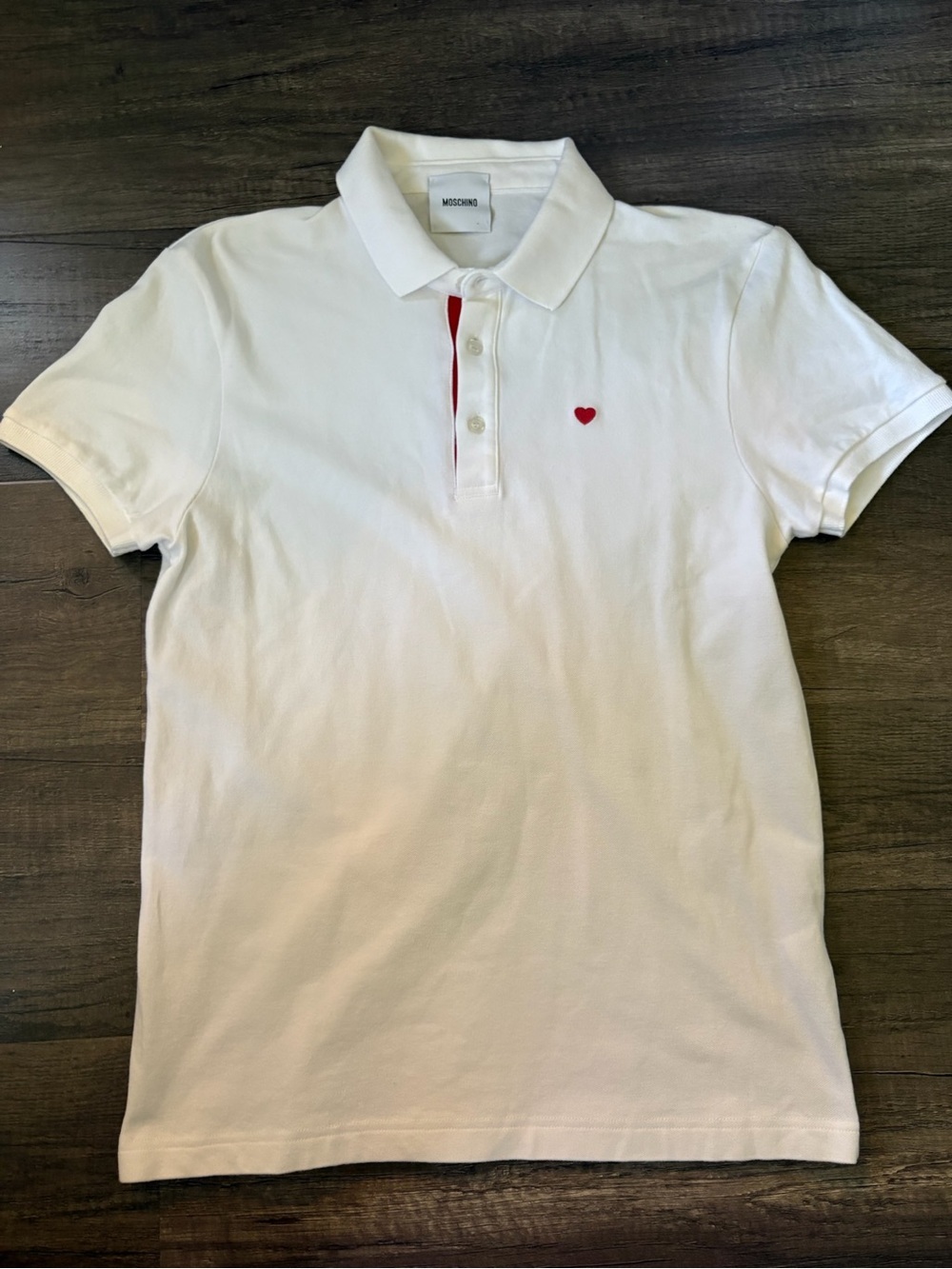 Moschino White Polo with Red Heart and Placket Trim